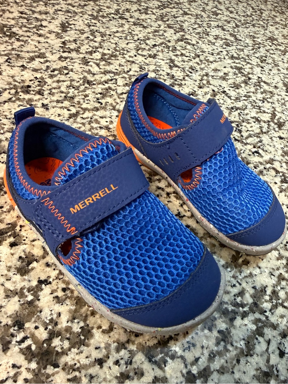 Merrell Bare Steps Toddler Blue Mesh Water Shoe with Orange Accents